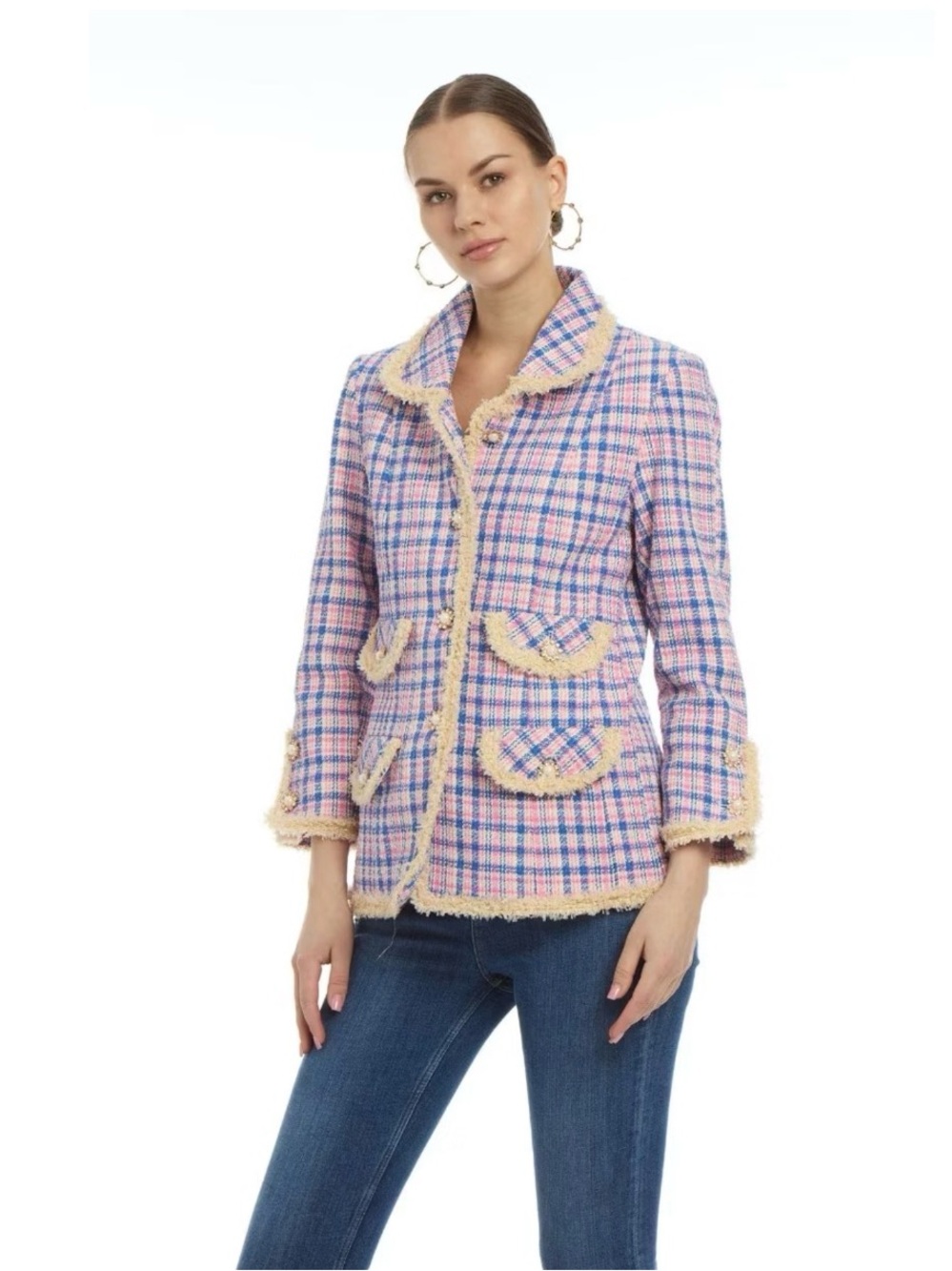 NWT PATTY KIM PINK/BLUE LOUVRE TWEED EMBELLISHED JACKET SIZE SMALL